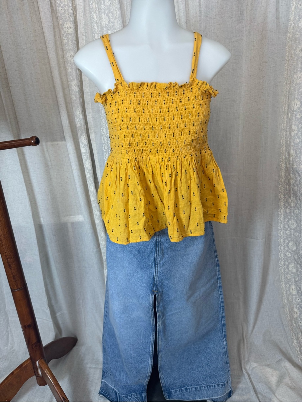 Mustard Yellow Smocked Peplum Cami with Tiny Navy thread detailing boho cottage